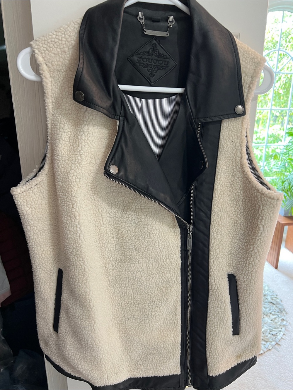 Jou Jou Cream Sherpa Vest with Black Moto Trim